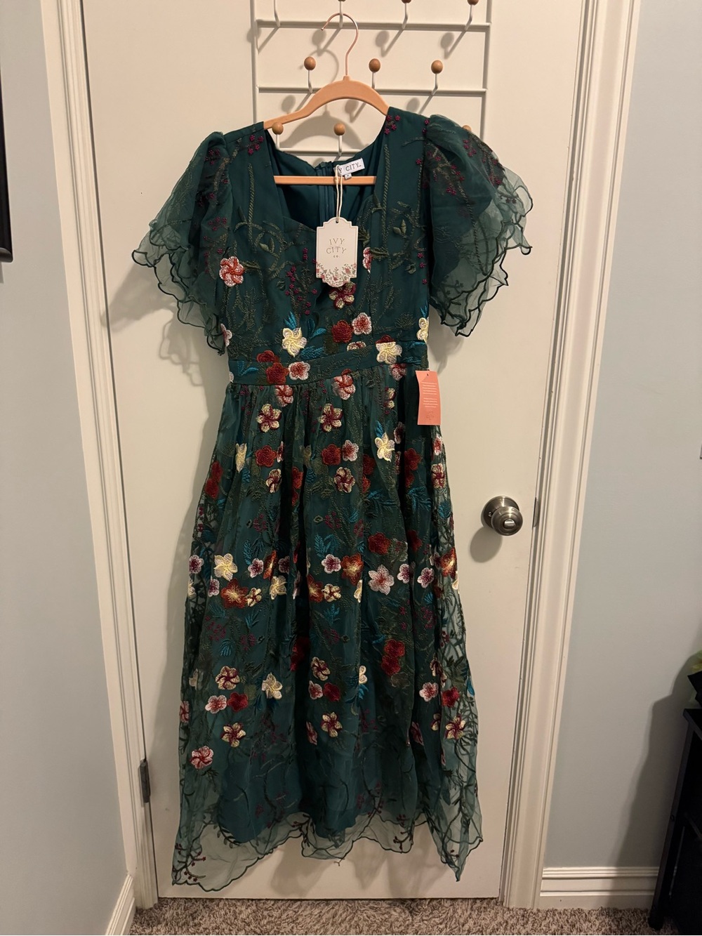 Ivy City Co Teal Green Embroidered Floral Midi Dress